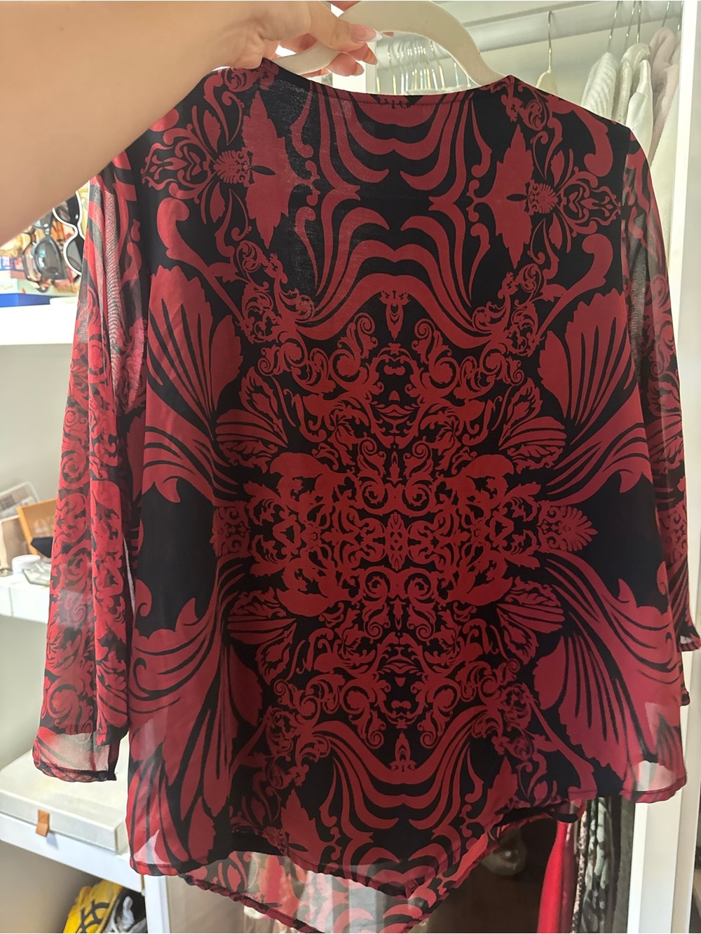 Roz & Ali Red and Black V-Neck Floral Scroll Tunic - Picture 5 of 6